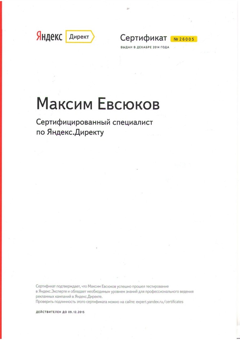 Сертификат Максим Евсюков