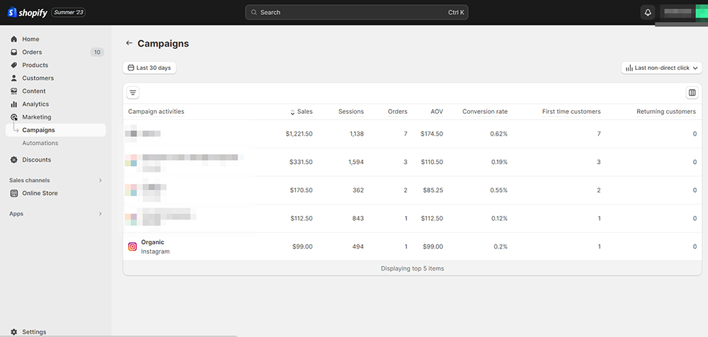 Вкладка Marketing Shopify